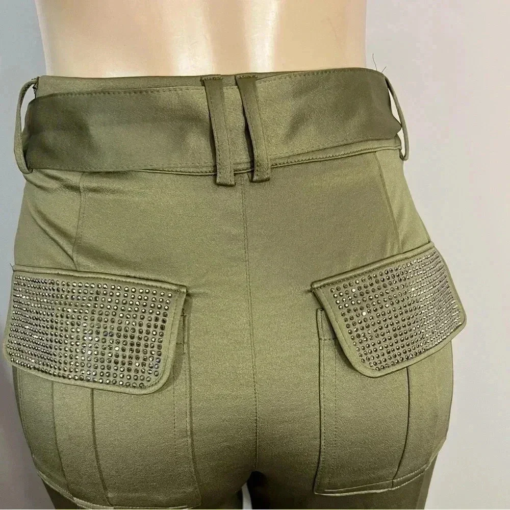 INC INTERNATIONAL CONCEPT Y2K CARGO PANTS FOREST  GREEN SEQUIN POCKETS CUFFED - Picture 10 of 12